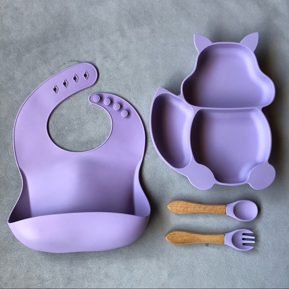 Fox Feeding Set ~ Bib, Dish, Fork & Spoon ~ Purple ~ Brand New!